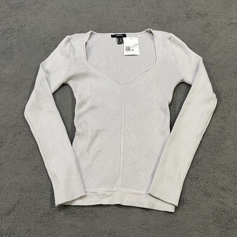 Forever 21 Grey Ribbed Long Sleeve Sweetheart Neck Sweater Top Womens Size M NWT